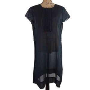 Talbots Dress 14P Lightweight‎ Semi Sheer Black Ruffle Detail Button Keyhole NEW